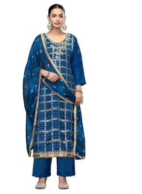 Women's blue printed banarasi cotton silk dress material 1