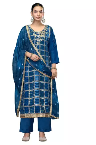 Women's blue unstitched printed banarasi cotton silk dress material 