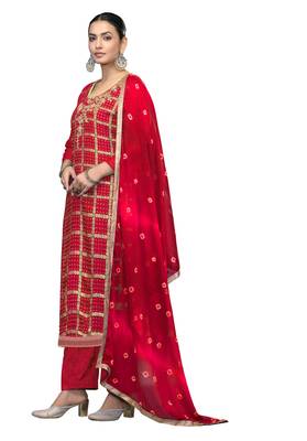 Women's red printed banarasi cotton silk dress material 2
