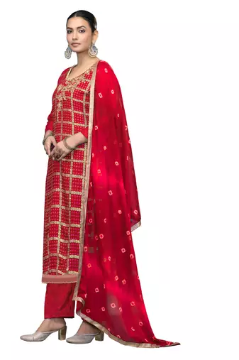 Women's red printed banarasi cotton silk dress material