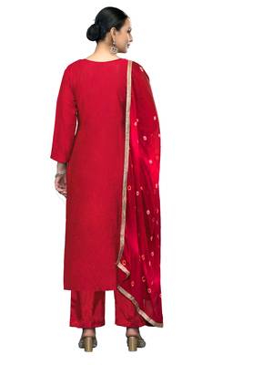 Women's red printed banarasi cotton silk dress material 3