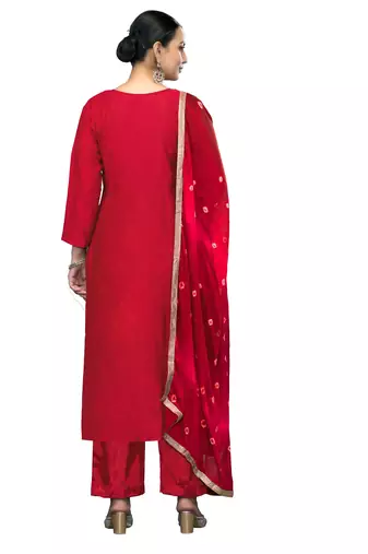 Women's red printed banarasi cotton silk dress material