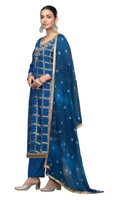 Women's blue printed banarasi cotton silk dress material 2