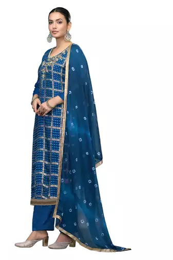 Women's blue printed banarasi cotton silk dress material