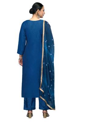 Women's blue printed banarasi cotton silk dress material 3