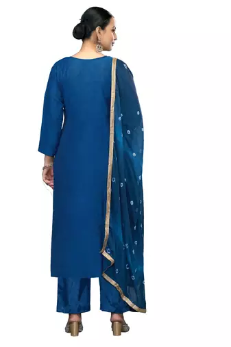 Women's blue printed banarasi cotton silk dress material