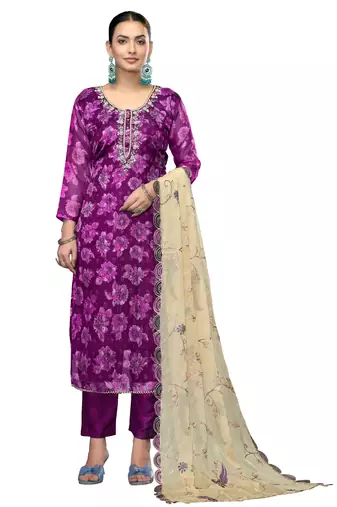 Women's purple unstitched handwork banarasi viscose dress material 