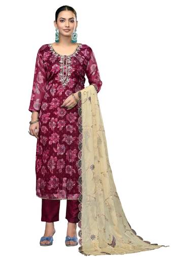 Women's magenta unstitched handwork banarasi viscose dress material 
