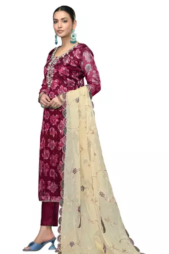 Women's magenta handwork banarasi viscose dress material
