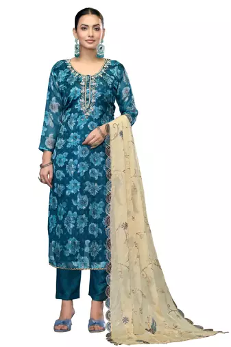 Women's blue unstitched handwork banarasi viscose dress material 