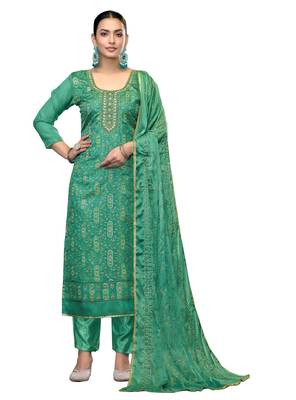 Women's light green embroidered viscose organza dress material 1