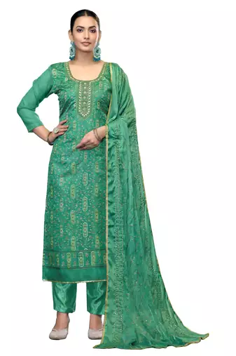 Women's light green unstitched embroidered viscose organza dress material 