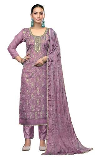 Women's levender unstitched embroidered viscose organza dress material 