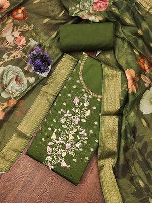 Women's green unstitched embroiderd jaam sattin cottn dress material  1