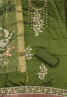 Women's green unstitched embroiderd jaam sattin cottn dress material  2