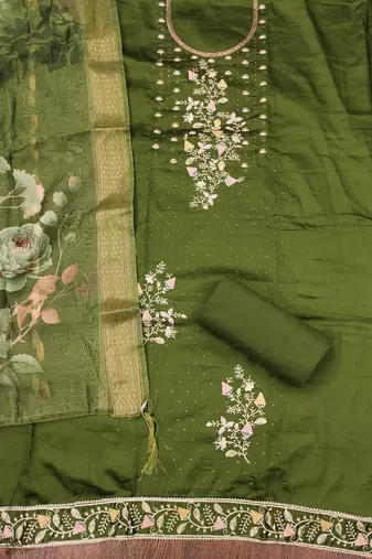 Women's green unstitched embroiderd jaam sattin cottn dress material 