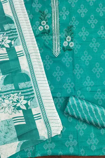 Women's sea green embroiderd cotton dress material