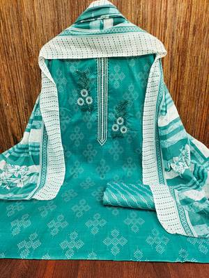 Women's sea green embroiderd cotton dress material 3