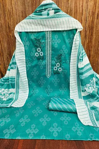 Women's sea green embroiderd cotton dress material