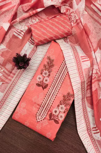 Women's pink unstitched embroiderd cotton dress material 
