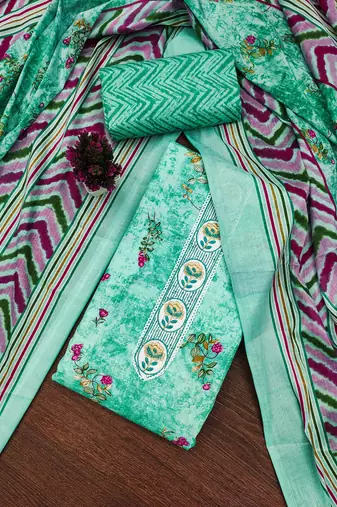 Women's sea green unstitched embroiderd cotton dress material 