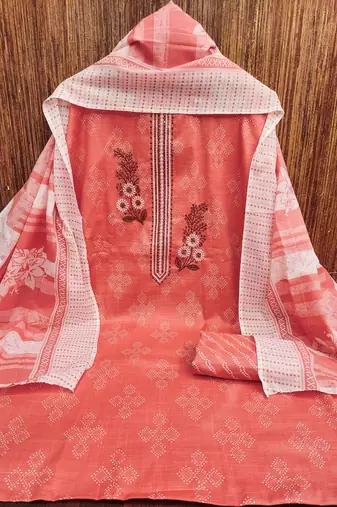 Women's pink embroiderd cotton dress material