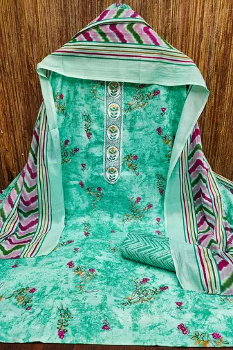 Women's sea green embroiderd cotton dress material