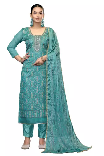 Women's sea green unstitched embroidered viscose organza dress material 