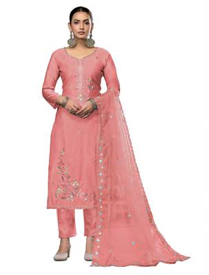 Women's peach embroidered roman cotton silk dress material 1