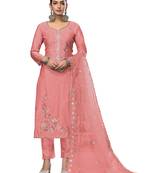 Women's peach embroidered roman cotton silk dress material
