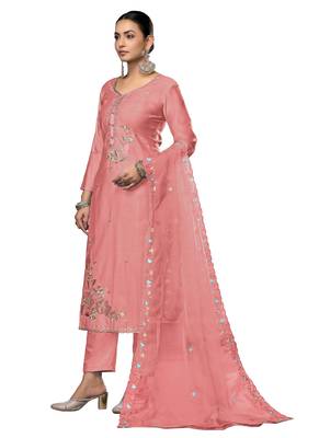 Women's peach embroidered roman cotton silk dress material 2