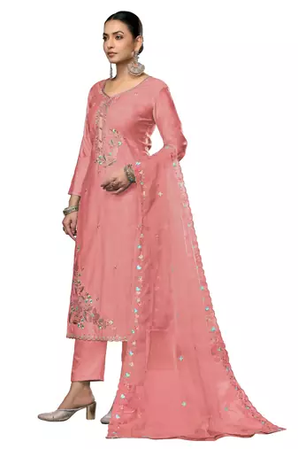 Women's peach embroidered roman cotton silk dress material
