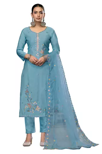 Women's sky blue unstitched embroidered roman cotton silk dress material 