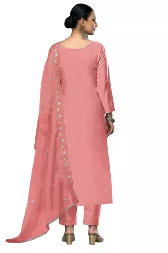 Women's peach embroidered roman cotton silk dress material
