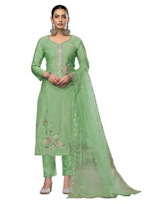 Women's light green embroidered roman cotton silk dress material 1