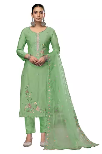 Women's light green unstitched embroidered roman cotton silk dress material 