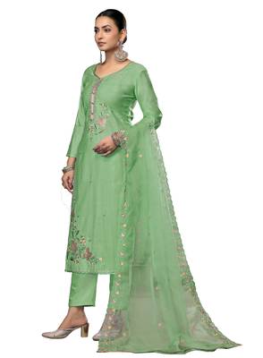 Women's light green embroidered roman cotton silk dress material 2