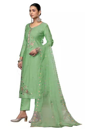Women's light green embroidered roman cotton silk dress material