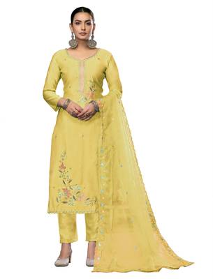 Women's light yellow embroidered roman cotton silk dress material 1