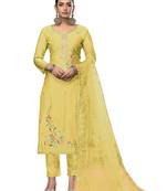 Women's light yellow embroidered roman cotton silk dress material