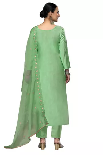 Women's light green embroidered roman cotton silk dress material