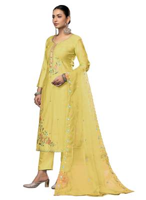 Women's light yellow embroidered roman cotton silk dress material 2