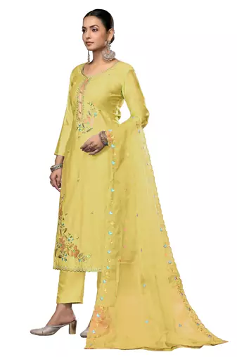 Women's light yellow embroidered roman cotton silk dress material