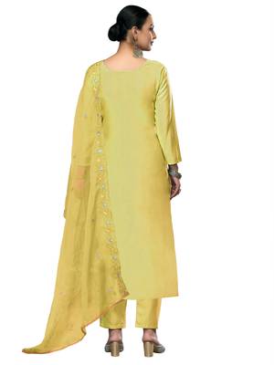 Women's light yellow embroidered roman cotton silk dress material 3