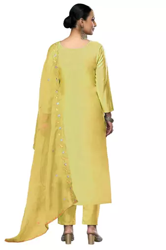 Women's light yellow embroidered roman cotton silk dress material