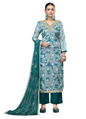 Women's multi embroidered organza banarasi dress material 1