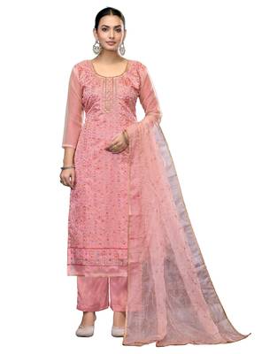 Women's pink embroidered viscose organza dress material 1