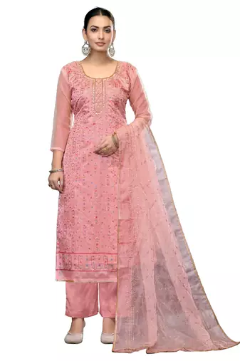 Women's pink unstitched embroidered viscose organza dress material 