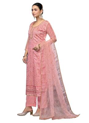 Women's pink embroidered viscose organza dress material 2