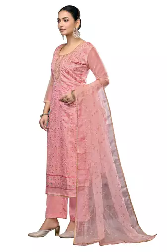 Women's pink embroidered viscose organza dress material